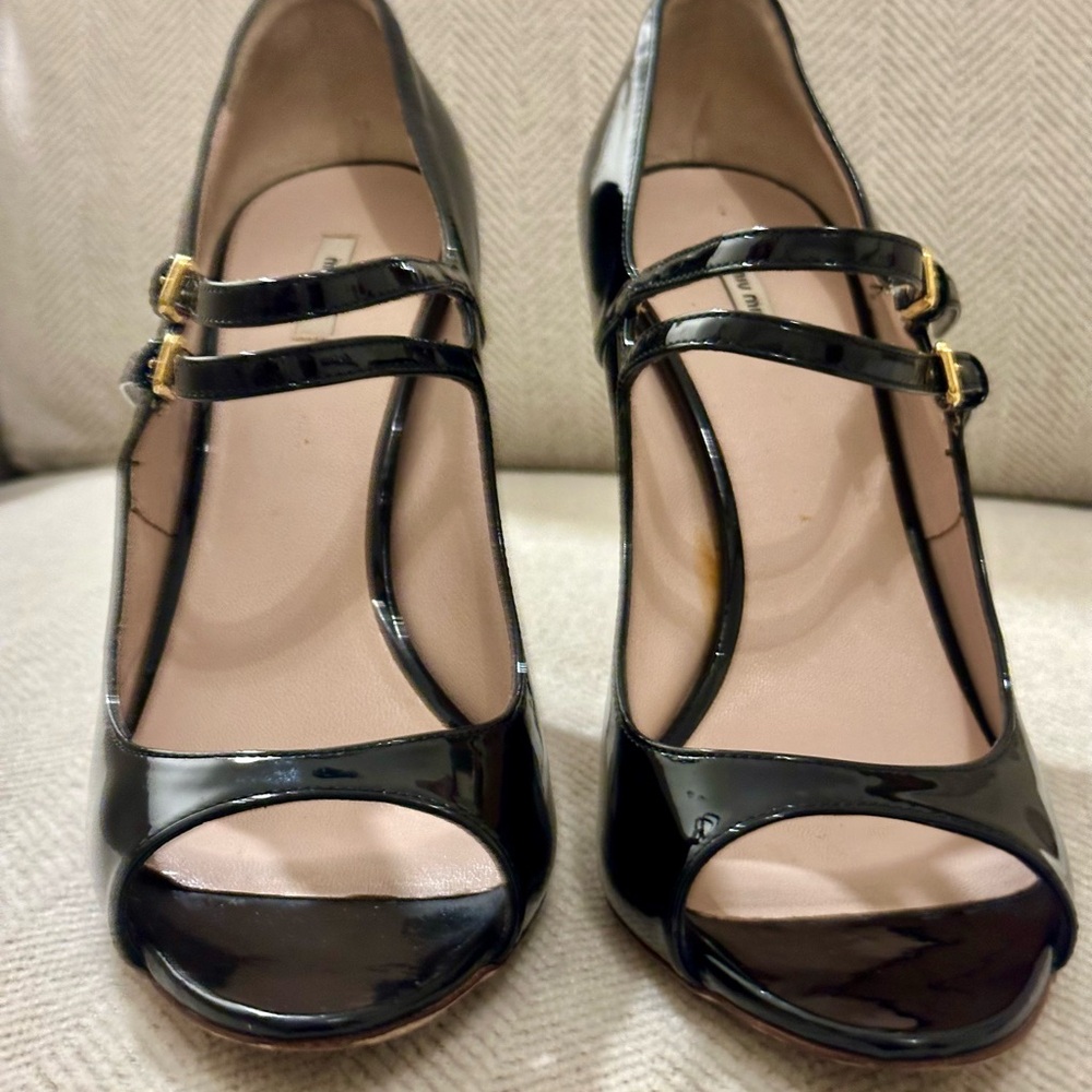 Miu Miu Black Patent Leather Strappy Open Toe Heels